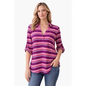 New York & Company Women's Blouse M Pink Purple Striped Roll Tab Sleeve Office